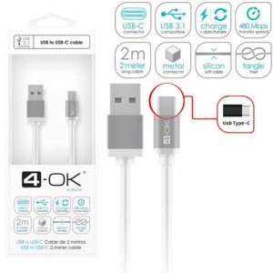 CAVO USB TYPE-C 3.1 - LUNGHEZZA 2 MT COLORE BIANCO ALTA QUALITA' 4-OK M2MUCB BLISTER