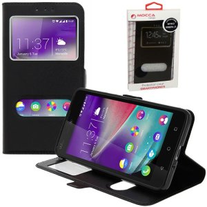CUSTODIA FLIP ORIZZONTALE PELLE per WIKO RAINBOW LITE 4G CON INTERNO IN TPU E DOPPIA FINESTRA ID COLORE NERO ALTA QUALITA' MOCCA