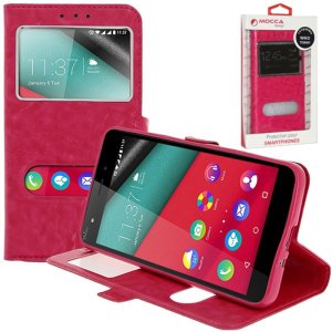 CUSTODIA FLIP ORIZZONTALE PELLE per WIKO TOMMY CON INTERNO IN TPU SILICONE E DOPPIA FINESTRA ID COLORE ROSA ALTA QUALITA' MOCCA