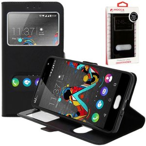 CUSTODIA FLIP ORIZZONTALE PELLE per WIKO U FEEL LITE 4G CON INTERNO IN TPU E DOPPIA FINESTRA ID COLORE NERO ALTA QUALITA' MOCCA