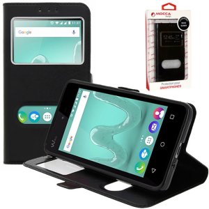 CUSTODIA FLIP ORIZZONTALE PELLE per WIKO SUNNY CON INTERNO IN TPU E DOPPIA FINESTRA ID COLORE NERO ALTA QUALITA' MOCCA