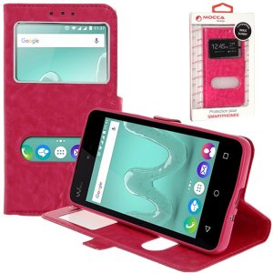 CUSTODIA FLIP ORIZZONTALE PELLE per WIKO SUNNY CON INTERNO IN TPU E DOPPIA FINESTRA ID COLORE ROSA ALTA QUALITA' MOCCA