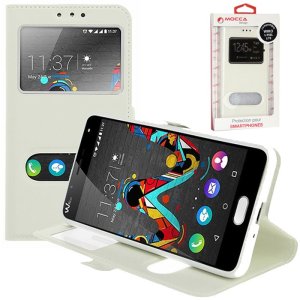 CUSTODIA FLIP ORIZZONTALE PELLE per WIKO U FEEL LITE 4G CON INTERNO IN TPU E DOPPIA FINESTRA ID COLORE BIANCO ALTA QUALITA'