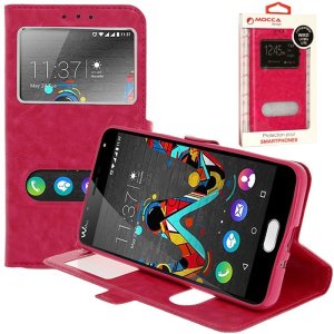 CUSTODIA FLIP ORIZZONTALE PELLE per WIKO U FEEL LITE 4G CON INTERNO IN TPU E DOPPIA FINESTRA ID COLORE ROSA ALTA QUALITA'