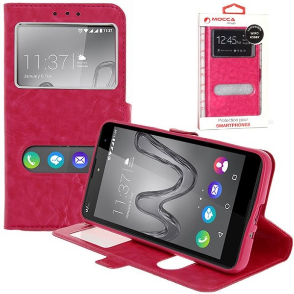 CUSTODIA FLIP ORIZZONTALE PELLE per WIKO ROBBY CON INTERNO IN TPU SILICONE E DOPPIA FINESTRA ID COLORE ROSA ALTA QUALITA' MOCCA