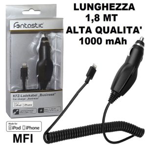 CARICATORE AUTO 1000mAh CON CONNETTORE LIGHTNING (CERTIFICATO MFI) - CAVO A SPIRALE COLORE NERO FONTASTIC LAAP5011C BLISTER