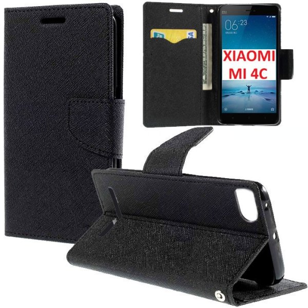 CUSTODIA FLIP ORIZZONTALE per XIAOMI MI 4C CON INTERNO IN TPU SILICONE, PORTA CARTE, STAND E CHIUSURA MAGNETICA COLORE NERO