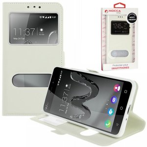 CUSTODIA per WIKO FREDDY - FLIP ORIZZONTALE PELLE CON INTERNO IN TPU E DOPPIA FINESTRA ID COLORE BIANCO ALTA QUALITA' MOCCA