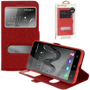 CUSTODIA per WIKO FREDDY - FLIP ORIZZONTALE PELLE CON INTERNO IN TPU E DOPPIA FINESTRA ID COLORE ROSSO ALTA QUALITA' MOCCA