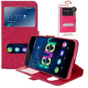 CUSTODIA per WIKO FEVER 4G - FLIP ORIZZONTALE PELLE CON INTERNO IN TPU E DOPPIA FINESTRA ID COLORE ROSA ALTA QUALITA' MOCCA