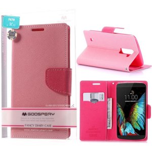 CUSTODIA per LG K10, K420N - FLIP ORIZZONTALE CON STAND, INTERNO IN TPU SILICONE E PORTA CARTE COLORE ROSA MERCURY BLISTER