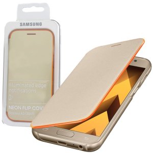 CUSTODIA ORIGINALE per SAMSUNG SM-A320 GALAXY A3 (2017) - NEON FLIP COVER CON BORDI LUMINOSI ARANCIONI COLORE ORO BLISTER