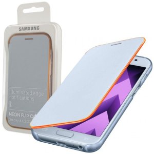 CUSTODIA ORIGINALE per SAMSUNG SM-A320 GALAXY A3 (2017) - NEON FLIP COVER CON BORDI LUMINOSI ARANCIONI COLORE BLU BLISTER