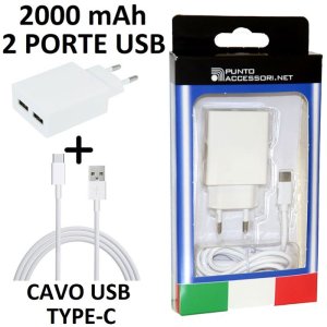 CARICATORE DA RETE 2000mAh CON 2 PORTE USB + CAVO TYPE-C - LUNGHEZZA 1 MT COLORE BIANCO BLISTER (TC00.TYPE-C.02.2A.BI)