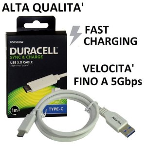 CAVO USB TYPE-C 3.0 FAST CHARGER - LUNGHEZZA 1 MT COLORE BIANCO DURACELL USB5031W BLISTER