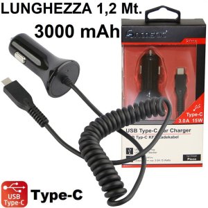 CARICATORE AUTO 3000mAh CON CONNETTORE TYPE-C - CAVO A SPIRALE COLORE NERO FONTASTIC 250972 BLISTER