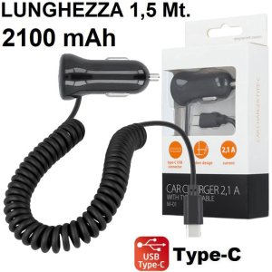 CARICATORE AUTO 2100mAh CON CONNETTORE TYPE-C - CAVO A SPIRALE COLORE NERO BLISTER (CA00.TYPE-C.M-01.NE)