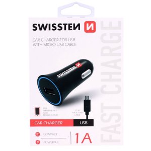 CARICATORE AUTO 1000mAh CON 1 PORTA USB + CAVO MICRO USB LUNGHEZZA 1,5 MT COLORE NERO SWISSTEN 20110800 BLISTER