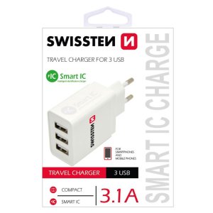 CARICATORE DA RETE 3100mAh CON 3 PORTE USB E SISTEMA DI RICARICA INTELLIGENTE (SMART IC) COLORE BIANCO 22013303 SWISSTEN BLISTER