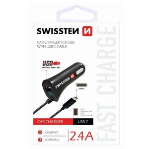 CARICATORE AUTO 2400mAh CON CONNETTORE TYPE-C + 1 PORTA USB COLORE NERO SWISSTEN 20111500 BLISTER