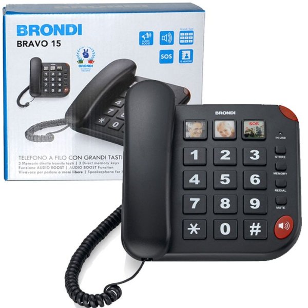 TELEFONO FISSO CON GRANDI TASTI, VIVAVOCE, TASTO SOS E INDICATORE CHIAMATE LED COLORE NERO BRONDI BRAVO 15 BLISTER