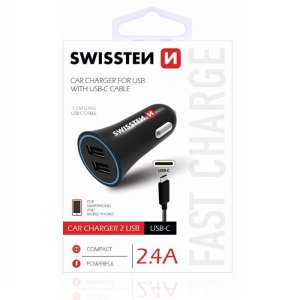 CARICATORE AUTO 2400mAh CON 2 PORTE USB + CAVO TYPE-C LUNGHEZZA 1,2 MT COLORE NERO SWISSTEN 20110908 BLISTER