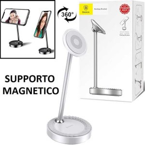 SUPPORTO UNIVERSALE MAGNETICO DA TAVOLO E AUTO CON ROTAZIONE 360° CON FISSAGGIO A VENTOSA COLORE SILVER BASEUS BLISTER