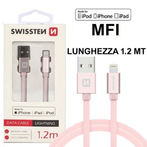 CAVO USB LIGHTNING con CERTIFICATO MFI E CAVO IN TESSUTO - LUNGHEZZA 1.2 MT COLORE ROSA ORO SWISSTEN 71524205 BLISTER
