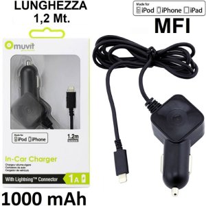 CARICATORE AUTO 1000mAh CON CONNETTORE LIGHTNING (CERTIFICATO MFI) LUNGHEZZA 1,2 MT COLORE BIANCO MUVIT MUDCC0097 BLISTER