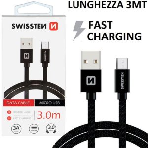 CAVO MICRO USB IN TESSUTO CON SUPPORTO FAST CHARGING 3A - LUNGHEZZA 3 MT COLORE NERO SWISSTEN 71527300 BLISTER