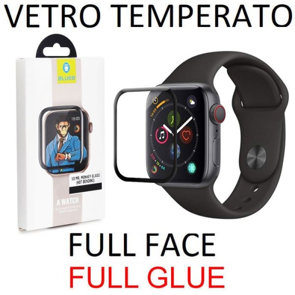 PELLICOLA per APPLE WATCH 44MM (SERIE 4/5/6/SE) IN VETRO TEMPERATO FULL FACE 3D 9H - FULL GLUE 0,33mm CON CORNICE COLORE NERO