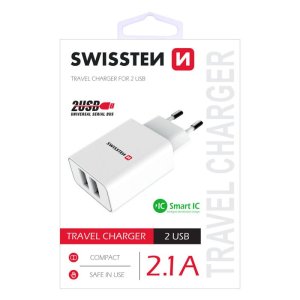 CARICATORE DA RETE 2100mAh CON 2 PORTE USB E SISTEMA DI RICARICA INTELLIGENTE (SMART IC) COLORE BIANCO 22034000 SWISSTEN BLISTER