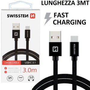 CAVO USB TYPE-C 3.1 FAST CHARGER IN TESSUTO - LUNGHEZZA 3 MT COLORE NERO SWISSTEN 71527900 BLISTER