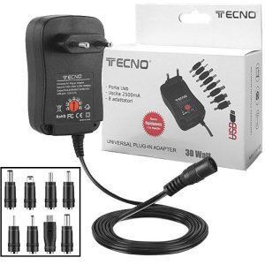 ALIMENTATORE UNIVERSALE 30W CON SETTAGGIO MANUALE 3/12V, 8 CONNETTORI E PORTA USB DA 1000mAh NERO TC-7029 TECNO BLISTER