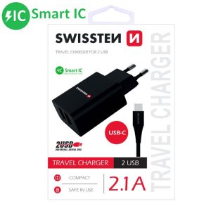 CARICATORE DA RETE 2100mAh CON 2 PORTE USB + CAVO TYPE-C - LUNGHEZZA 1,2 MT CON SMART IC COLORE NERO 22054000 SWISSTEN