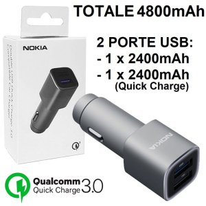 CARICATORE AUTO 4800mAh CON 2 PORTE USB (QUICK CHARGE 3.0) COLORE SILVER DC-801 NOKIA ORIGINALE IN BLISTER