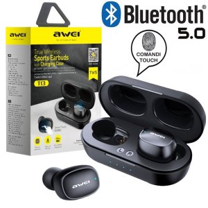 AURICOLARI BLUETOOTH 5.0 CON COMANDI TOUCH, RIDUZIONE DEL RUMORE E CUSTODIA DI RICARICA COLORE NERO T13 AWEI BLISTER