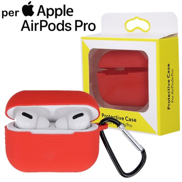 CUSTODIA IN GEL TPU SILICONE PER APPLE AIRPODS PRO CON MOSCHETTONE E FORO PER RICARICA COLORE ROSSO BLISTER