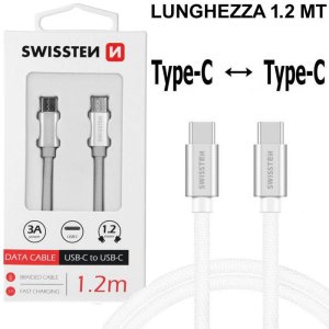 CAVO TYPE-C / TYPE-C CON TRASFERIMENTO DATI FINO A 480Mb/s - LUNGHEZZA 1.2 MT COLORE SILVER SWISSTEN 71527203 BLISTER