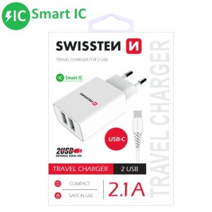 CARICATORE DA RETE 2100mAh CON 2 PORTE USB + CAVO TYPE-C - LUNGHEZZA 1,2 MT CON SMART IC COLORE BIANCO 22053000 SWISSTEN
