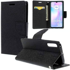CUSTODIA per XIAOMI REDMI 9A, REDMI 9AT - FLIP ORIZZONTALE CON INTERNO IN TPU SILICONE, STAND E TASCHE PORTA CARTE COLORE NERO