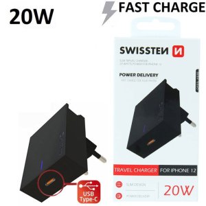 CARICATORE DA RETE 20W CON 1 PORTA TYPE-C (FAST CHARGING - RICARICA VELOCE) COLORE NERO 22050500 SWISSTEN BLISTER