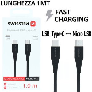 CAVO TYPE-C A MICRO USB 3.1 CON SUPPORTO FAST CHARGING 3A - LUNGHEZZA 1 MT COLORE NERO SWISSTEN 71506511 BLISTER