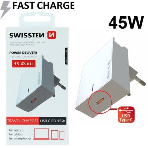 CARICATORE DA RETE 45W CON 1 PORTA TYPE-C (FAST CHARGING - RICARICA VELOCE) COLORE BIANCO 22050400 SWISSTEN BLISTER