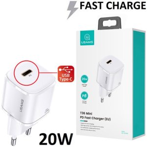 CARICATORE DA RETE 20W CON 1 PORTA TYPE-C (FAST CHARGING - RICARICA VELOCE) COLORE BIANCO US-CC124 USAMS BLISTER
