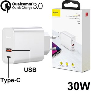 CARICATORE DA RETE 30W CON 1 PORTA TYPE-C + 1 PORTA USB (QUICK CHARGE 3.0) COLORE BIANCO CCFS-C02 BASEUS BLISTER