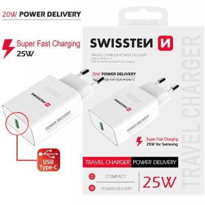 CARICATORE DA RETE 25W CON 1 PORTA TYPE-C (SUPER FAST CHARGING - RICARICA VELOCE) COLORE BIANCO 22060300 SWISSTEN BLISTER