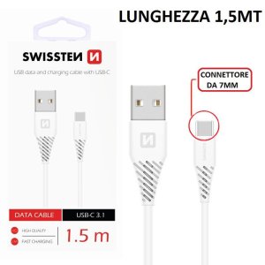 CAVO USB TYPE-C 3.1 CON CONNETTORE DA 7 MM - LUNGHEZZA 1,50 MT COLORE BIANCO SWISSTEN 71504400 BLISTER