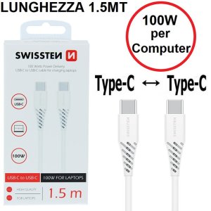 CAVO TYPE-C / TYPE-C 2.0 CON SUPPORTO DI POTENZA FINO A 100W 5A - LUNGHEZZA 1.5 MT COLORE BIANCO SWISSTEN 71506520 BLISTER