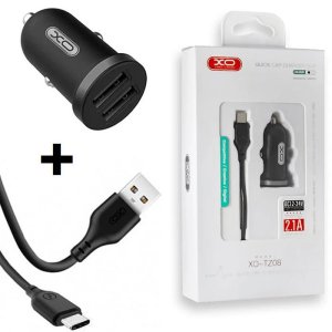 CARICATORE AUTO MINI 2100mAh CON 2 PORTE USB + CAVO TYPE-C LUNGHEZZA 1 MT COLORE NERO XO TZ08 BLISTER